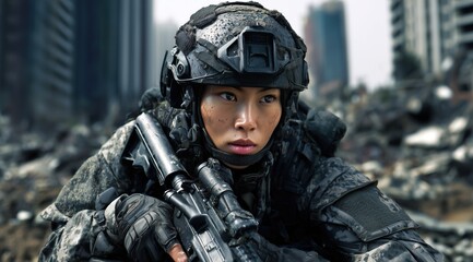Une femme asiatique, soldat des forces spéciales accroupie sur le sol tenant un fusil et portant un équipement tactique dans une zone de conflit dans un paysage urbain détruit, portrait en gros plan.