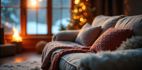 Cozy winter scene featuring a plush couch draped with a thick knit throw blanket, inviting and warm, perfect for a relaxing evening by the fire , interior design, armchair, dwelling