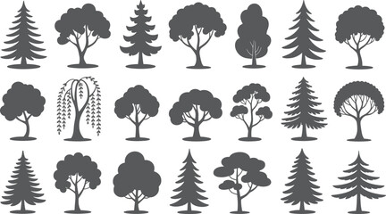 Set of tree silhouettes, various shapes and styles, pine, willow, and leafy trees for nature, gardening, outdoor design projects.