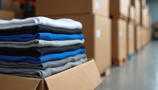 Neatly stacked assorted t-shirts in colors like blue, grey, black, white, sit inside cardboard box. Organized apparel pile within warehouse setting, surrounded by shelves, boxes, suggesting