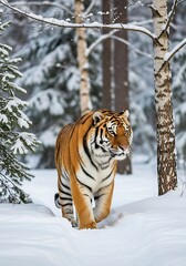 Obraz premium Majestic Siberian Tiger Strolling Through a Snowy Winter Forest, Wilderness Exploration