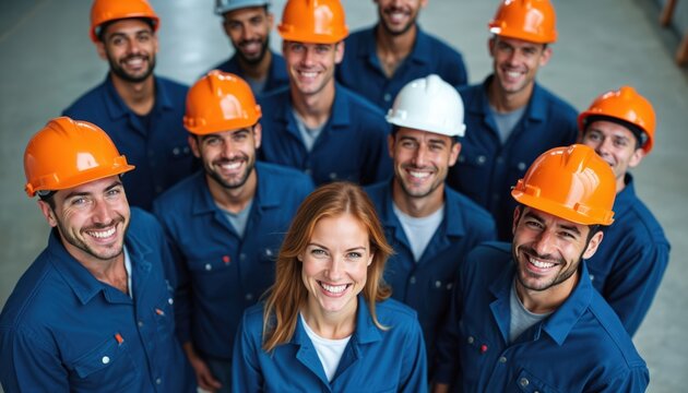 Diverse group of smiling workers in blue uniforms, orange helmets collaborate happily. Men, women show teamwork, camaraderie in industrial workplace. Skilled employees support with joy, cooperation - Powered by Adobe