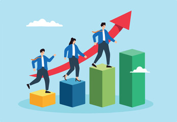 Flat illustration of business people climb up growth graph with arrow teamwork win together business success career progress achievement