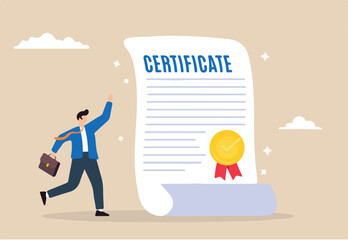Happy businessman with star certificate paper, illustrating work achievement. Concept of certificate for taking course, award for excellent work, diploma document, and license stamp