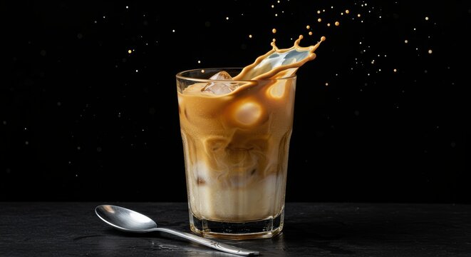 Iced coffee drink splashing out of a glass with ice cubes with a black background studio shot drink photography