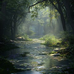 Mystical woodland stream surrounded by lush greenery high resolution picture