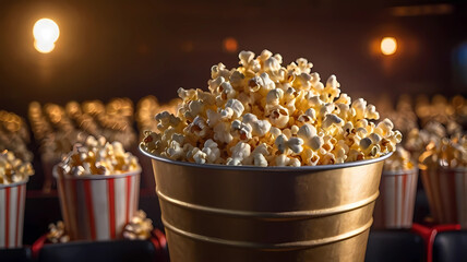 Cinema popcorn bucket in warm-lit theater hall