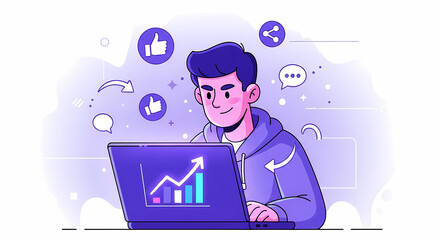 Young professional analyzing growth charts on laptop, social media icons floating around