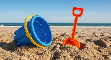 Brightly colored beach toys sit ready for fun in the sun
