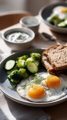Deliciously plated sunny side up eggs with fresh cucumbers, broccoli, and whole grain bread for a wholesome breakfast.