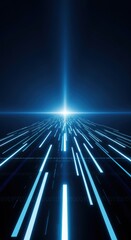 Futuristic blue data stream converging on dark horizon