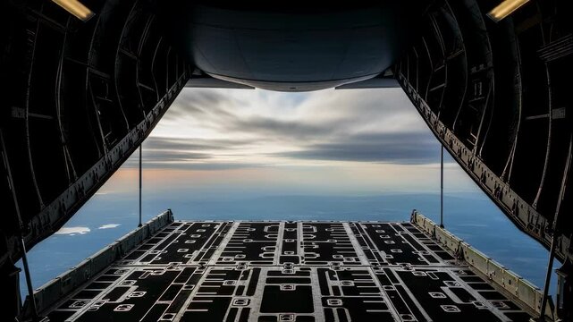 Open ramp of military transport aircraft showing cargo bay over cloudscape for tactical air operations footage.