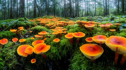 Natural woodland mushrooms surrounded by green moss high resolution picture