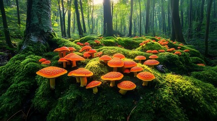 Orange forest mushrooms shining with morning light high resolution picture