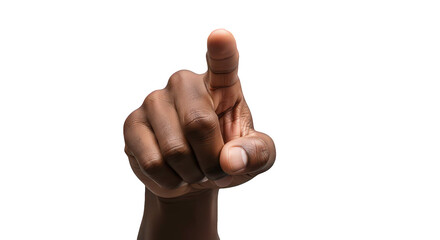 Closeup of a darkskinned hand pointing upwards with the index finger, isolated on a transparent background, symbolizing direction, decision, or selection in a clear and direct gesture