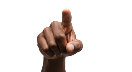 Closeup of a darkskinned hand pointing upwards with the index finger, isolated on a transparent background, symbolizing direction, decision, or selection in a clear and direct gesture