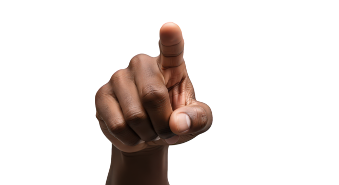 Closeup of a darkskinned hand pointing upwards with the index finger, isolated on a transparent background, symbolizing direction, decision, or selection in a clear and direct gesture