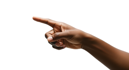 A darkskinned hand pointing to the left, isolated on a transparent background, symbolizing direction, choice, or indication