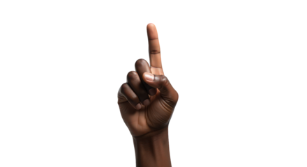 A darkskinned hand with the index finger pointing upwards, isolated on a transparent background, symbolizing the number one, a choice, or a direction