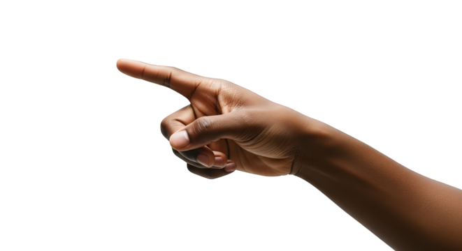 A darkskinned hand pointing to the left, isolated on a transparent background, symbolizing direction, choice, or indication