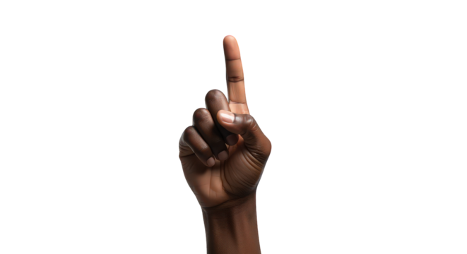 A darkskinned hand with the index finger pointing upwards, isolated on a transparent background, symbolizing the number one, a choice, or a direction