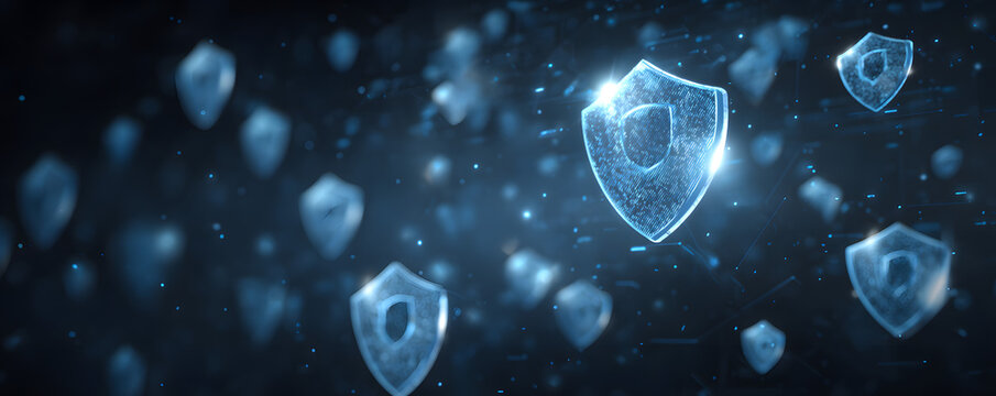 Digital illustration of cybersecurity with various sield icons, representing potection and data securityin modern technology.