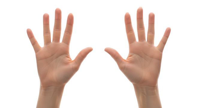 Two open hands with fingers spread, isolated on transparent background, symbolizing counting, openness, or a gesture of welcome and communication