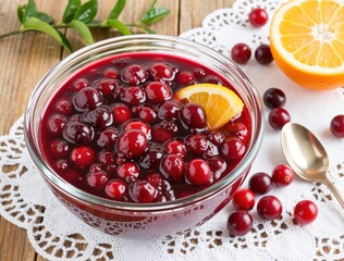 Cranberry sauce with orange and lemon slices on rustic table setting