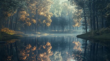 Peaceful autumn forest illuminated with warm colors high resolution picture