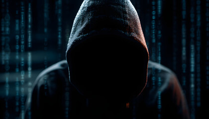 internet security and data protection concept, hacke in dark hoodie hacking ino corporate system