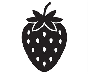 Silhouette of strawberry fruit with leaves and seeds, simple berry illustration, healthy organic food icon, summer dessert design, vegetarian diet, sweet fruit symbol, natural product, botanical eleme