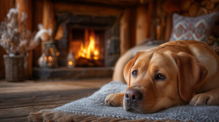Relaxed dog lying on blanket near fireplace in cozy cabin