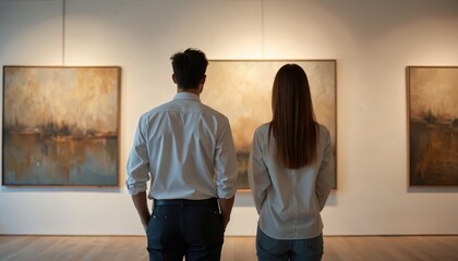 Couple stands front of abstract paintings in art gallery. Man woman enjoy museum exhibition. People explore art scene. Fine art on display, modern design. Cultural experience.