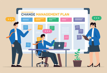 Vector illustration of working together in change management plan with sticky notes on whiteboard