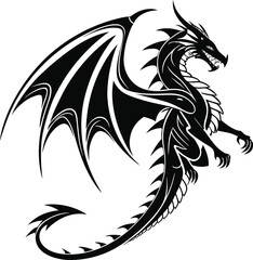 Obraz premium Black Dragon Tattoo Silhouette Vector, Fierce Dragon Outline Illustration, Tribal Dragon Silhouette Design, Mythical Dragon Tattoo Graphic