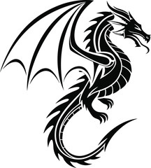 Obraz premium Black Dragon Tattoo Silhouette Vector, Fierce Dragon Outline Illustration, Tribal Dragon Silhouette Design, Mythical Dragon Tattoo Graphic