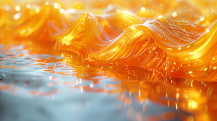 Abstract golden liquid waves on a reflective surface.