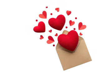 Red hearts flying out of an envelope, isolated on transparent background, symbolizing love and romance