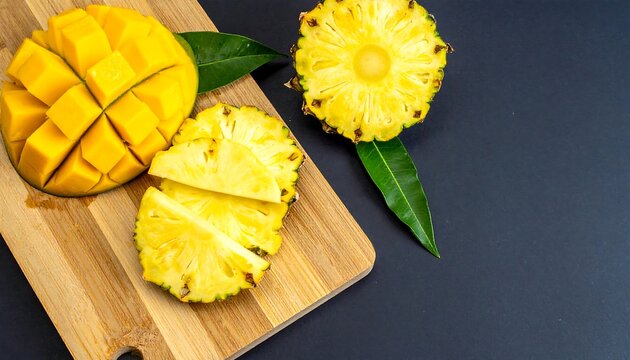 Freshly cut mango and pineapple on a wooden board