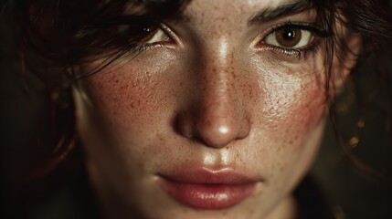 Alluring close-up reveals woman with captivating freckles, luminous skin, and intense gaze