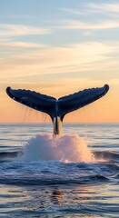 Fototapeta premium Whale's Tail Splashing Water at Sunset - Captivating Marine Life Moment