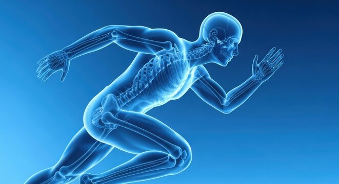 Anatomical illustration of a human skeleton in motion, depicting a runners pose against a blue gradient background