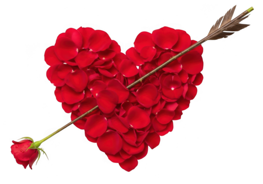 A vibrant red heart shape formed from numerous rose petals, pierced by an arrow with a rosebud at its tip, isolated on a transparent background