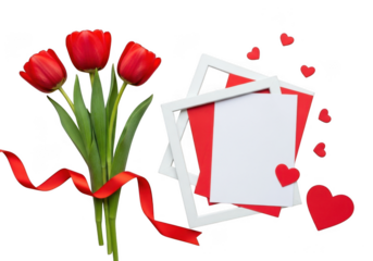 Red tulips with a red ribbon and a blank white card in a white frame surrounded by red hearts, isolated on transparent background