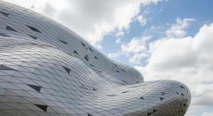 Modern architectural facade with a unique, curved, metallic surface reflecting a cloudy blue sky