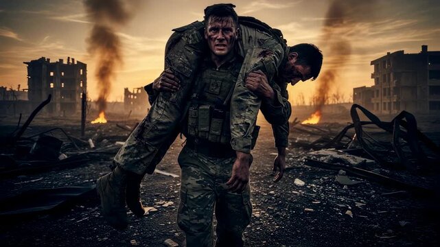 Man soldier carrying wounded comrade on shoulder through ruined city in war zone, bravery and survival footage.