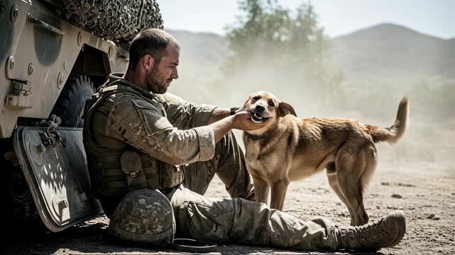 Male soldier sitting by tank caressing loyal dog’s head in desert, showing bond and companionship in military service video.