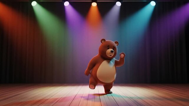 Cute cartoon bear dancing on colorful stage under spotlight animation loop.