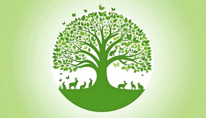 Green ecological concept, with a tree, hares, and butterflies, vector design