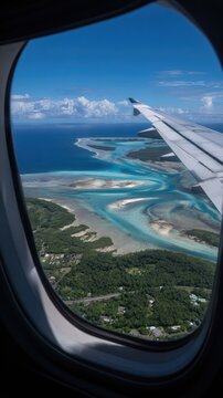 Fototapeta High-angle view of a tropical island chain, seen from an airplane window, showcasing vibrant turquoise waters and lush green landscapes.